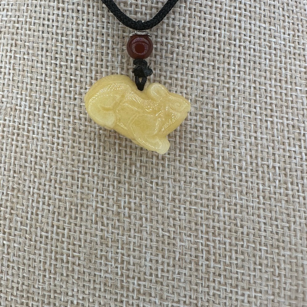 Yellow Jade Rat Carving Pendant Necklace on Black Adjustable Rope - Picture 2 of 16